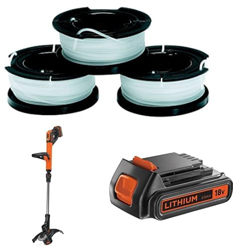Bundle of Black+Decker A6485 Fadenspulen (für Trimmer 3er Pack- 3 x 10 m Länge, ⌀ 1,5 mm Fadendurchmesser) Mehrfarbig + Black+Decker Akku-Rasentrimmer+ Black+Decker Li-Ion Slidepack Akku)