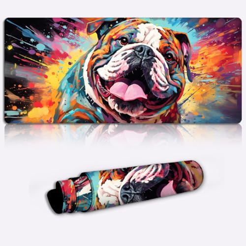 LJSPTU Tastatur Mauspad, Bulldogge Malerei, XXL Gaming Mauspad (90 x 40 x 0,3 cm), großes Stoff Mauspad mit wasserabweisender Oberfläche für Bürocomputer, Laptop, Schreibtisch, Tisch