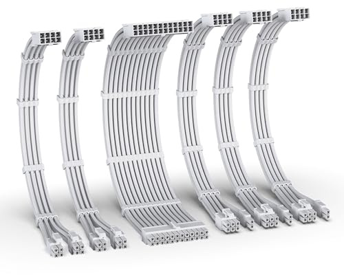 EZDIY-FAB PSU Cable Extension Kit,16AWG Power Supply Extension Cable,1x24Pin/2x4+4 EPS/3x6+2 PCI-E,Custom PC Sleeve Cable 300MM with Combs-All White