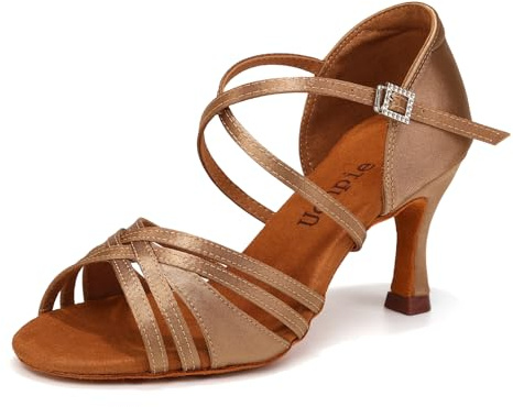 Uonpie Latinamerikanska dansskor för dam öppen tå klack 7,5 cm, Beige, 36 EU
