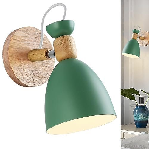 Holz Wandleuchte, Innen Wandlampe Wandspot Nachttischlampe Kinderzimmer Leselampe Wandstrahler E27 Einstellbar Weiß Metall Schirm Wandbeleuchtung Schlafzimmer Bett Nachtlicht Für Wohnzimmer (grün)