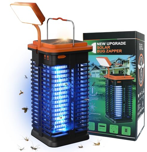 Insektenvernichter Elektrisch Solar mit LED-Licht, 4000mAh Solar Mückenschutz Elektrische Anti Mückenlampe Mückenfalle Elektrisch Insektenfalle für Innen Außen Camping Terrasse