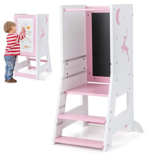 GOPLUS Lernturm Kinder, Mehrzweck-Tritthocker aus Holz mit 3 verstellbare Höhen, Lernstuhl Baby mit Whiteboard, Tafel, 3 Stiften, für Kinder ab 1 Jahren, 37 x 50 x 87 cm (Rosa)