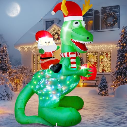 Vintoney 8ft/244cm Aufblasbarer Dinosaurier mit Weihnachtsmann – LED Weihnachtsdeko Außen, Lustige Aufblasbare Weihnachtsfiguren für Garten, Hof & Balkon – XXL Weihnachtsdeko Outdoor