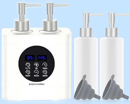 JOJOCOSMO Doppelt beheizter Massageöl-Wärmer mit vier Ölflaschen-Spendern, stufenloser Wärmer von 86 bis 149 ℉, Lotion-Flaschenwärmer Spender-Heizung, for Salon, Haushalt Massageöl-Flaschenwärmer,Weiß