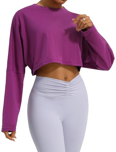 SEAUR Sport långärmad tröja dam magfri lös löptröja bomull fitness gym cropped toppar långärmad sportskjorta yoga skjorta långärmad crop top, lila, L