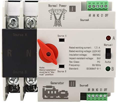 FTVOGUE Interruptor de Transferencia Automática de Doble Potencia de 110V, Interruptor de de Generador 2P de 100 Amperios, Interruptor ATS de Control WiFi (125A)