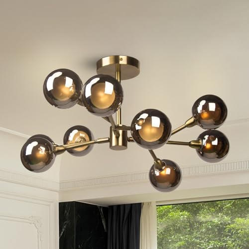 lianheng Vintage lámpara de araña, moderna lámpara de techo de 9 luces de cristal gris teal con base G9, lámpara colgante industrial para sala de estar, dormitorio, comedor, pasillo