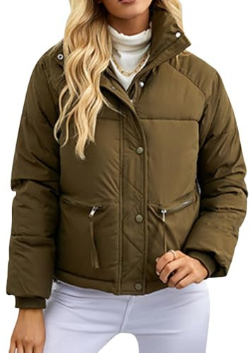 AGYMNX Veste d'hiver pour femme - Courte - Doublure chaude - Doudoune matelassée pour femme - Manteau de ski - Veste matelassée - Veste softshell - Parka d'hiver élégante avec poches, kaki, L-XL
