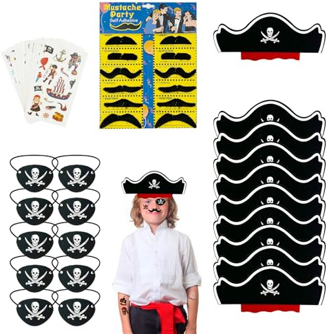 42 Stück Piraten Kindergeburtstag Set,Piratenhut Kinder und Anderes Zubehör | Augenklappe Pirat Schnurrbart und Piraten Tattoos, für Geburtstag Halloween Maskerade Piratenparty