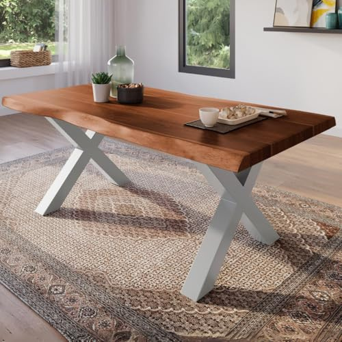trelevo Esszimmertisch 160x85 cm Akazie nussbaumfarben X-Gestell Baumkante | Akazienholz massiv, Tischplatte, Silber, Baumkantentisch