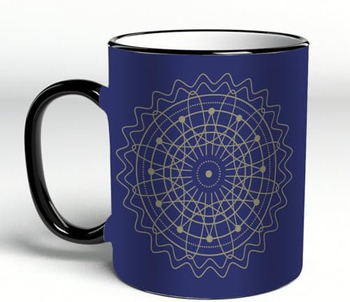 YOIUE Tasse aus Keramik - Große 11oz Tassen 330ml Kaffeetassen mit Henkel, 100% Handbemalt - Trinkgläser mit Griff - Weiß,Rundes Symbol der heiligen Geometrie. Design für die Logo-Spielecoverkarte.