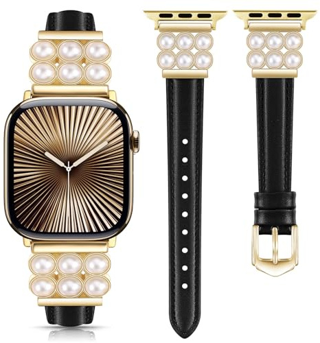 DEALELE Armband kompatibelt med Apple Watch 49 mm, 46 mm, 42 mm, 45 mm, 41 mm, 44 mm, 40 mm, 38 mm, glänsande pärlor, läder, ersättningsarmband för iWatch Series 10/9/8/7/6/5/4/3/SE/Ultra,