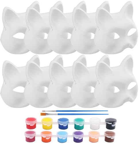 Bibabala 10Pcs Cat Masks,White Therian Masks Set with Paintbrush Acrylic paint,White Cat Mask Painting,Masquerade Mask,Unpainted Face Cover for DIY Paint Carnival Cosplay Halloween Party