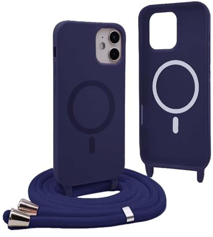 YFSYLL Handykette Hülle für iPhone 12 mit Band,Magnetische Silikon Handyhülle Kompatibel mit MagSafe,Handyhülle für zum Umhängen Einstellbar und Abnehmbar - Blau