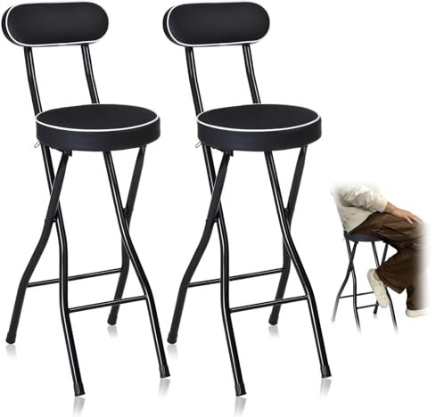 Set di 2 sgabelli da bar pieghevoli portatili neri, rotondi, alti da cucina, con seduta imbottita e schienale alto, seggiolone pieghevole per la colazione, altezza 60 cm