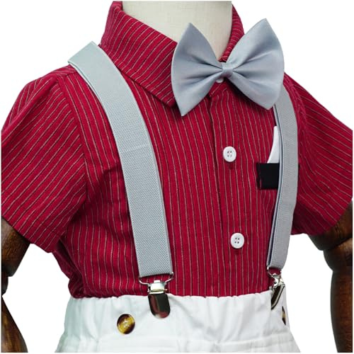 Set di papillon per ragazzi con bretelle elastiche a Y con clip forti per bambini, bretelle regolabili per bambini dai 1 ai 14 anni, Set argento, Taglia unica