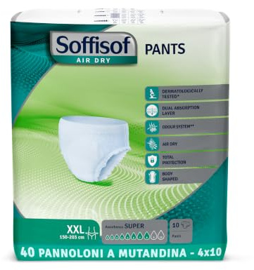 Soffisof Air Dry Pants Super XXL - 40x Pannoloni per Anziani a Mutandina - 4 Confezioni da 10 Mutande Assorbenti per Incontinenza Donna e Uomo - Pants Adulti 8 Gocce - XX-Large (150-203 cm)