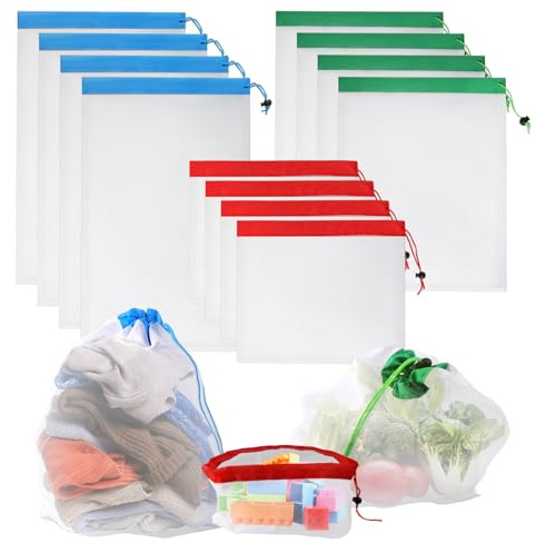 12 Stück Gemüsenetz,Wiederverwendbar Netztasche für Obst und Gemüse,Durchsichtige Netzbeutel mit Kordelzug 3 Größen,für Lebensmittel Obst Haushalt Spielzeug Kleinteile zur Aufbewahrung