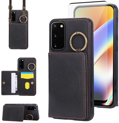 Compatible with Samsung Galaxy S20 5G 6.2 inch Wallet Case and Screen Protector Crossbody Shoulder Strap Ring Buckle Stand Card Holder Magnetic Car Mount Cell Phone Cover for S 20 Women Men Black