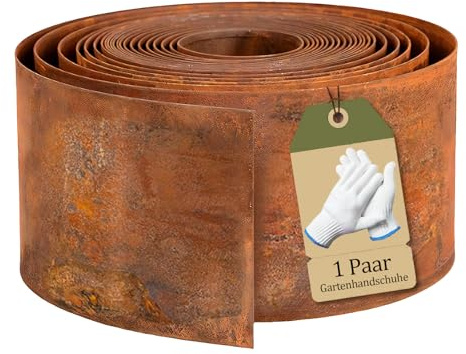 Omtofo Bordura Acero Corten 5 M - Bordura Jardin Exterior Metálica de 14 cm de Altura, Metal con Aspecto Oxidado, para Delimitar Parterres, Caminos, Árboles, Jardines, Incluye 1 par de Guantes