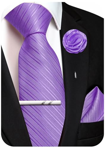 Ailisus Krawatte Herren Set Streifen Seiden Krawatte mit Einstecktuch Ansteckblume Krawattenklammer für Hochzeit Party 4PCS