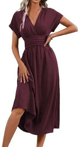 QUNERY Robe Longue Femme Ete Elégante Robes de Plage Manches Courtes V Taille Haute Unie Maxi Dress Casual et Chic Violet Rouge M