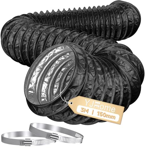 YJHome 150mm Ducting 3m Long, 6 Inch Flexible Vent Hose with 2 Duct Clamps, Heavy-Duty Three Layer Protection PVC Air Ducting for Cooker Hood, Tumble Dryer, Duct Fan, Extractor Fan