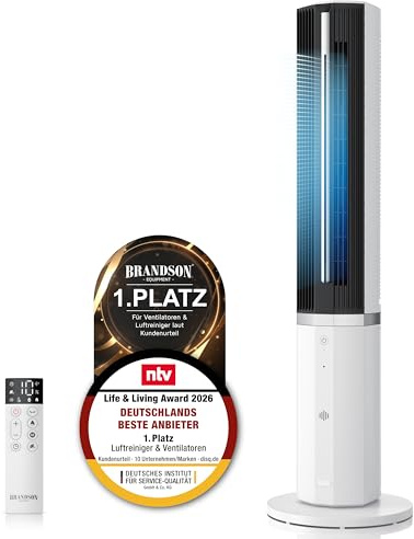 Brandson - mobiles Klimagerät inkl. Luftbefeuchter - Sieger Ventilatoren und Luftkühler 2026 - Turmventilator mit Wasserkühlung - DC Motor sehr leise – 12 Geschwindigkeiten - Fernbedienung