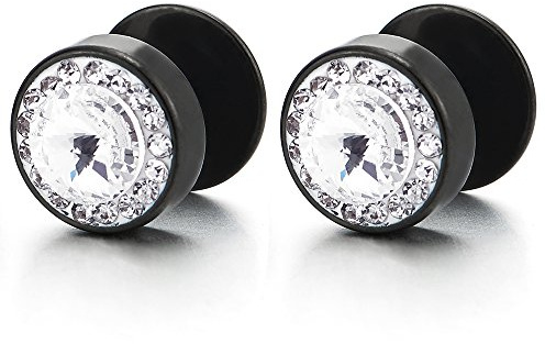 8MM Nero Cerchio Orecchini con Zirconi da Uomo Donna, Finto Dilatatore Fake Cheater Plug Gauges, Acciaio Inossidabile