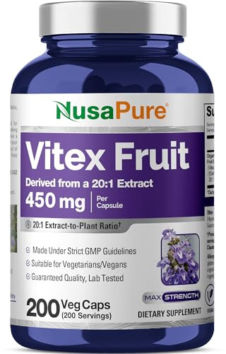 NusaPure Vitex Chasteberry Capsules, 450 mg, 200 Veg Capsules (Non-GMO, Vegan)