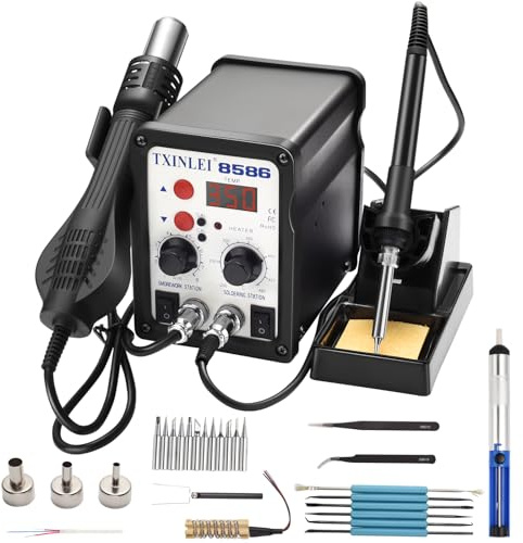 TXINLEI 8586 110V 2-in-1 Digital Display SMD Hot Air Rework Station & Soldering Iron, 12Pcs Tips, Solder Wire, Tweezers, Desoldering Pump, 700W 480℃