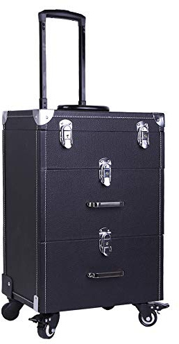 Extra Lager Luxury Leather Hairdressing Make up Beauty Trolley Case -Rolling Trolley Makeup Beauty Train Carry Case Cosmetics Art Cosmetic Box (Black)