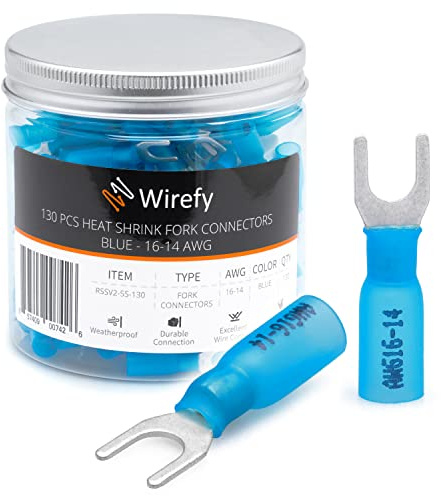 Wirefy Blaue Gabelkabelschuhe aus verzinntem Kupfer Schrumpfverbinder Loch-Ø M5 - lötfreie Kabelverbinder - Gabelklemme KabelVerbinder - 1,5-2,5 mm² 130 Stück