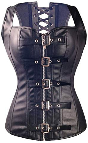 E-girl Damen Overbust Korsett Kunstleder Stahlstäbe,Schwarz,44