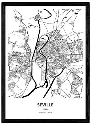 Nacnic affisch med karta över Sevilla - Spanien. Bilder på städer i Spanien med hav och floder i svart. A3 storlek med ram