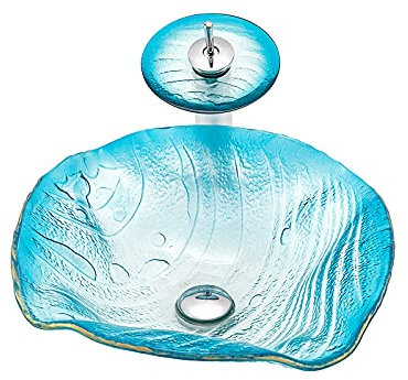 Lavandino in Vetro Temperato, Lavabo da Appoggio ​in Vetro Temperato Artistico Lavabo da Bagno Irregolare Lavabo da Appoggio con Set di Scarico dell'Acqua, Rubinetto Cascata, 440×440×145mm,Blu