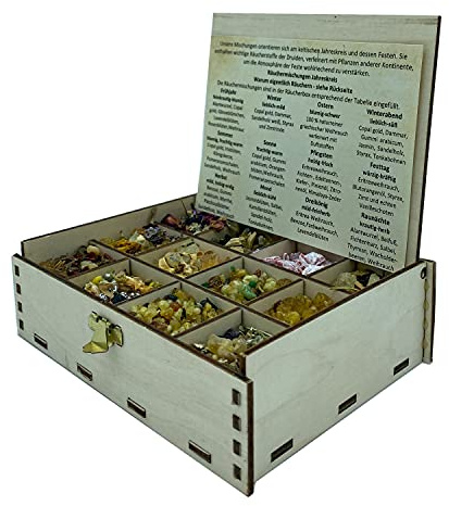 Heilkräuter Manufaktur Räucherbox Geschenkbox mit 12 Sorten Räuchermischungen Rituale im Jahreskreis, Jahreszeiten, 14 x 10 x 4 cm