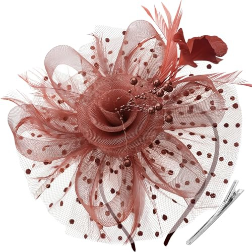 DRESHOW Fascinator Hüte für Damen Pillbox Hut mit Schleier Stirnband und Einer Gegabelten Clip Tea Party Kopfbedeckung