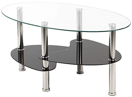 HUOLE Mesa de Centro con Diseño Exclusivo de 2 Niveles Mesa de Cristal Mesita de Noche Mesa de Café de Vidrio para Estar o Dormitorio Vidrio Templado (90 * 50 * 43cm Transparente+Negro)