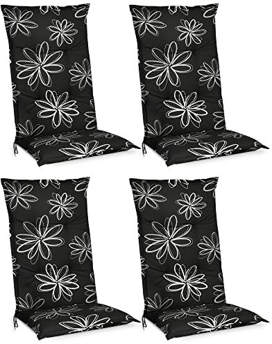 Beautissu 4er Set Hochlehner Auflage für Gartenstuhl 120x50 cm Flores – 6cm Dicke Polster Auflage Sitzpolster Hochlehner UV-Lichtecht – Gartenstuhlauflage schwarz mit Blumen