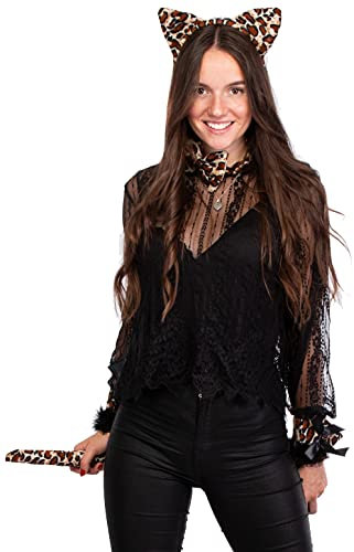Brandsseller Tier Kostüm Damen Set Leopard - Leopardenohren Leopardenschwanz und Fliege aus weichem Velour - schnelle Verkleidung perfekt für Karneval, Fasching, Mottoparty & Halloween