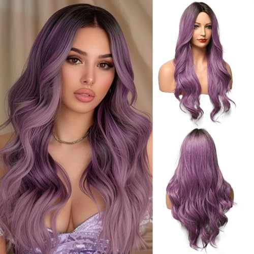 OUFEI De Long Ondulé Perruque Violette pour Les Femmes Naturelles Cheveux Synthétiques Résistant à La Chaleur Ombre Perruques avec Des Racines Sombres pour La Fête Quotidienne Cosplay Qorter
