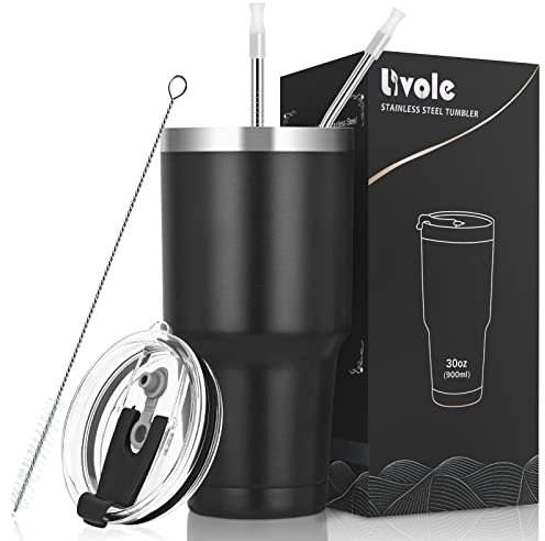 Livole 30oz 900ml Trinkbecher für Männer, Frauen, Thermobecher Kaffee to go, Camping Tasse, Doppelwandiger Edelstahl Becher mit Strohhalm, Isolierter Vakuum Kaffeebecher, Reisebecher, Schwarz