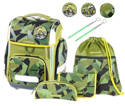 Schneiders 78367-065 - Schulranzen Ergolite Construction, 9-teiliges Set mit Schultasche, Federmäppchen, Schlamper, Sportbeutel, 3 Klett-Motiven und 2 Leuchtstäben