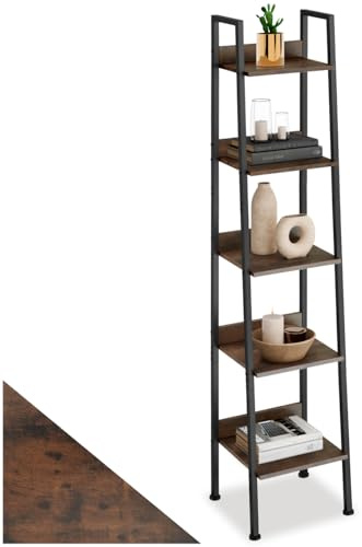 tectake® Scaffale a Scala, Libreria Verticale con 4 Ripiani, Struttura in Acciaio porta libri, Libreria Verticale, Facile Montaggio - 35,5 x 31,5 x 170 cm - Legno industriale scuro