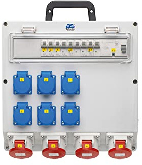 as - Schwabe Distributore a parete pronto per il collegamento, uscita 6 x Schuko, 4 x CEE (400 V/16 A/5 pin), attacco fisso NYM-J fino a 5 x 10, distributore per ambienti umidi, scatola di