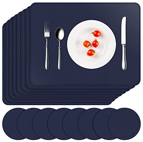 APLKER Juego de 8 Manteles Individuales y 8 Posavasos, PVC Antideslizantes Salvamanteles Individuales Lavables, Resistente Al Calor Manteles para Mesa de Comedor, 16 x 12 (Azul Oscuro Set of 8)