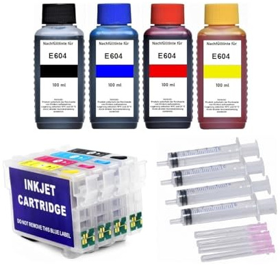 Nachfüllbare Druckerpatronen 604 XL mit Auto-Reset-Chips + 400 ml Nachfülltinte kompatibel mit Epson Workforce WF-2910, WF-2930, WF-2935, WF-2950