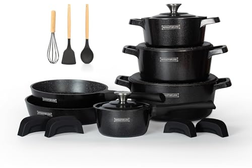 Royalty Line 17-teiliges Kochgeschirr-Set mit Marmor-Antihaftbeschichtung & abnehmbaren Griffen (Schwarz, 17-Teilig)